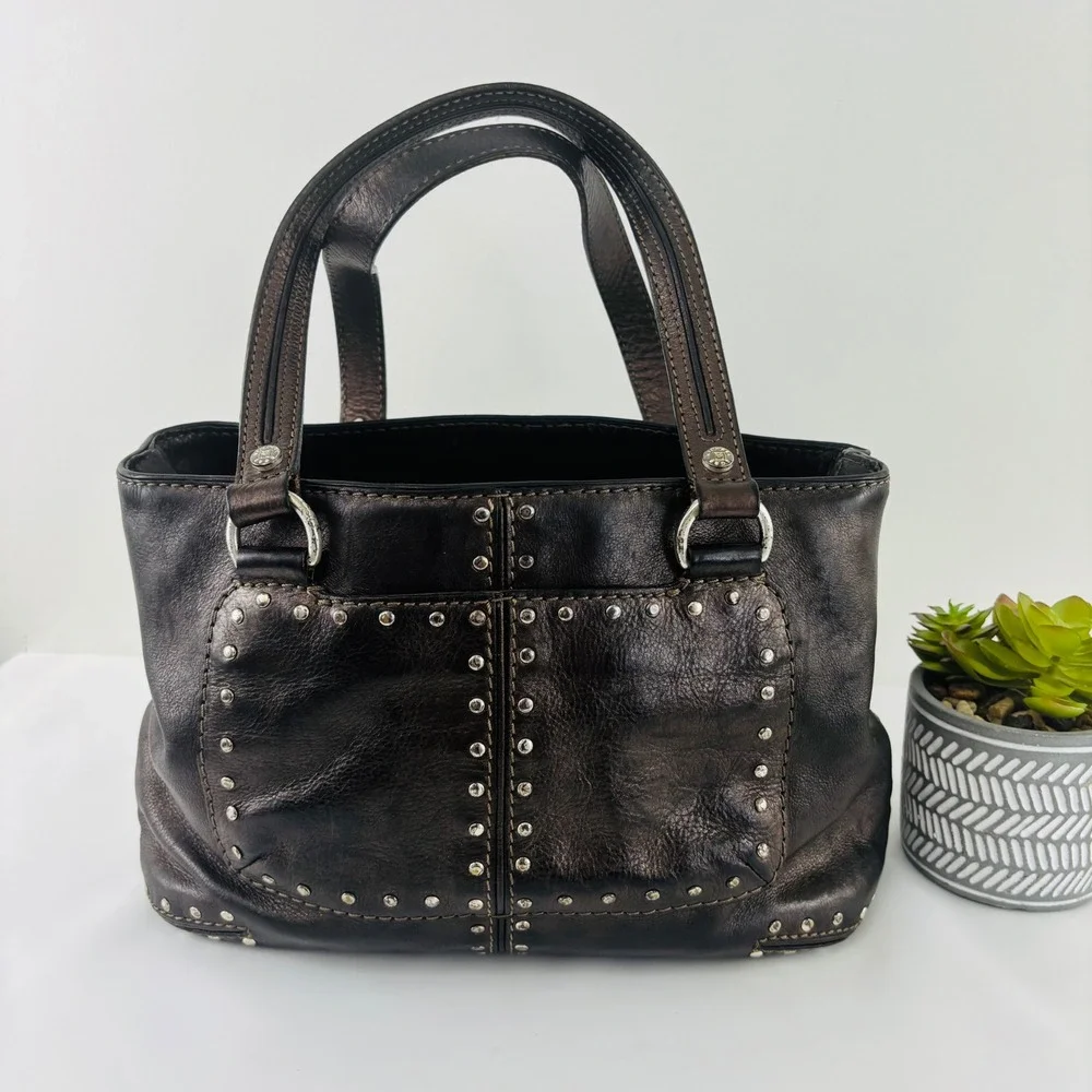 Michael Kors Dark Brown Metallic Leather Studded Shoulder Bag Tote Silver Studs